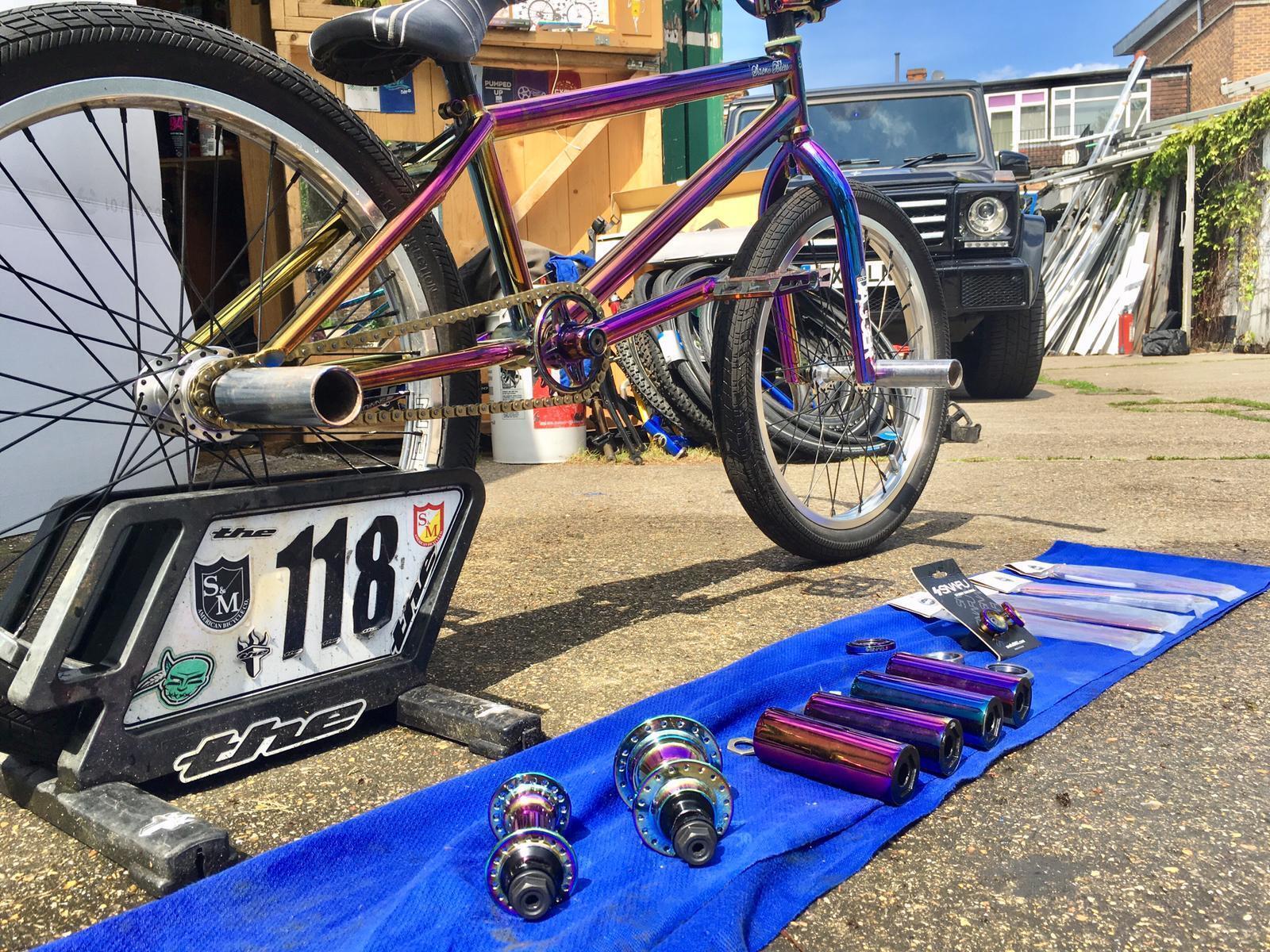 A highly customised bike with a luminous colour.